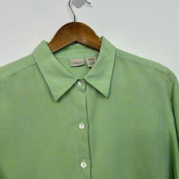 LL Bean Women’s Green 100% Linen 3/4 Sleeve Button Up Top Size L - Picture 6 of 14